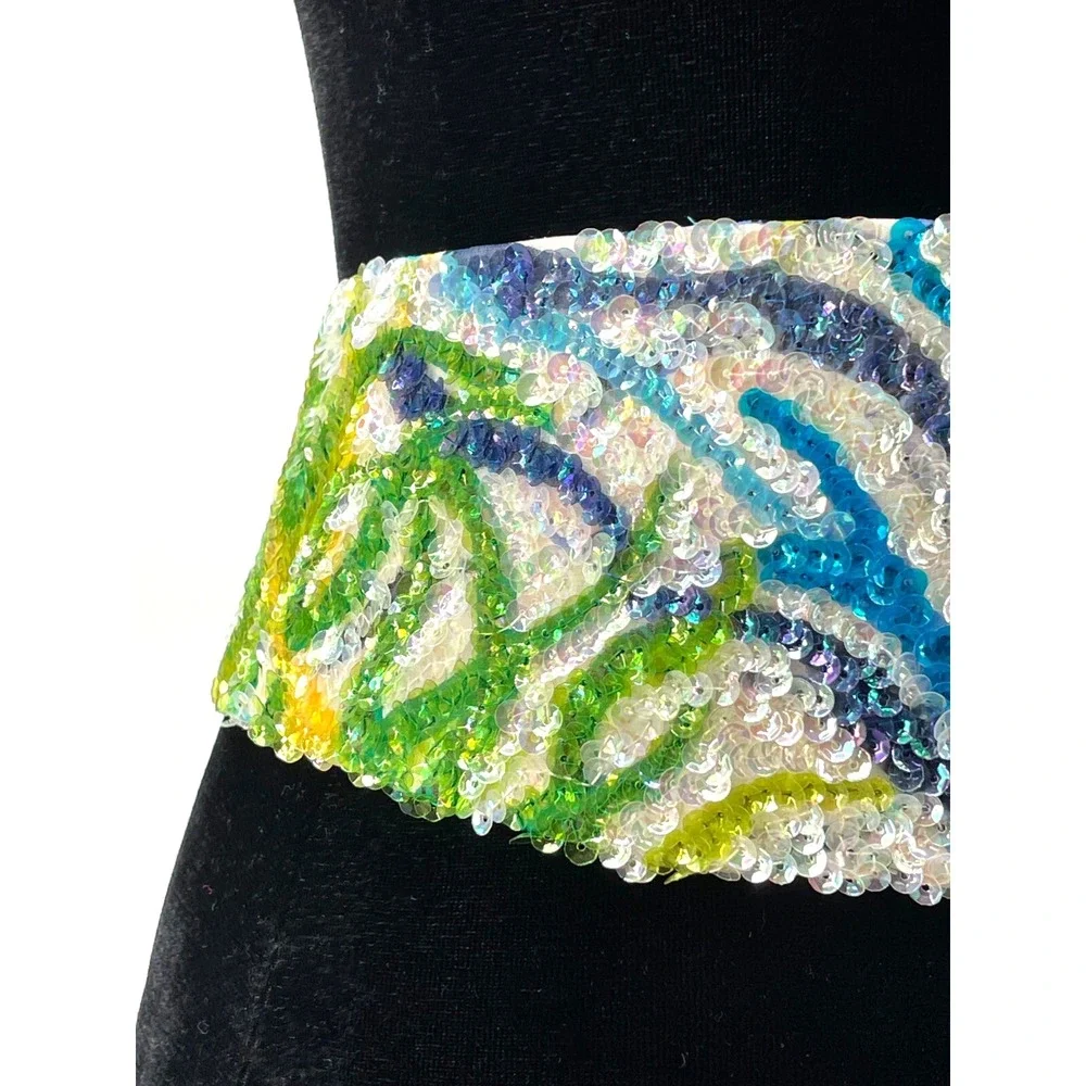 Vintage La Mendola Royal Bird Hand Beaded Blue White Pure Silk Chiffon Belt
